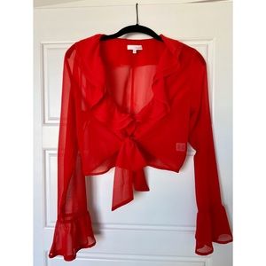 Red Ruffled Long Sleeve Sheer Crop Top